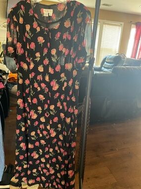 Talbots Black Maxi Dress with Pink and Peach Floral Print